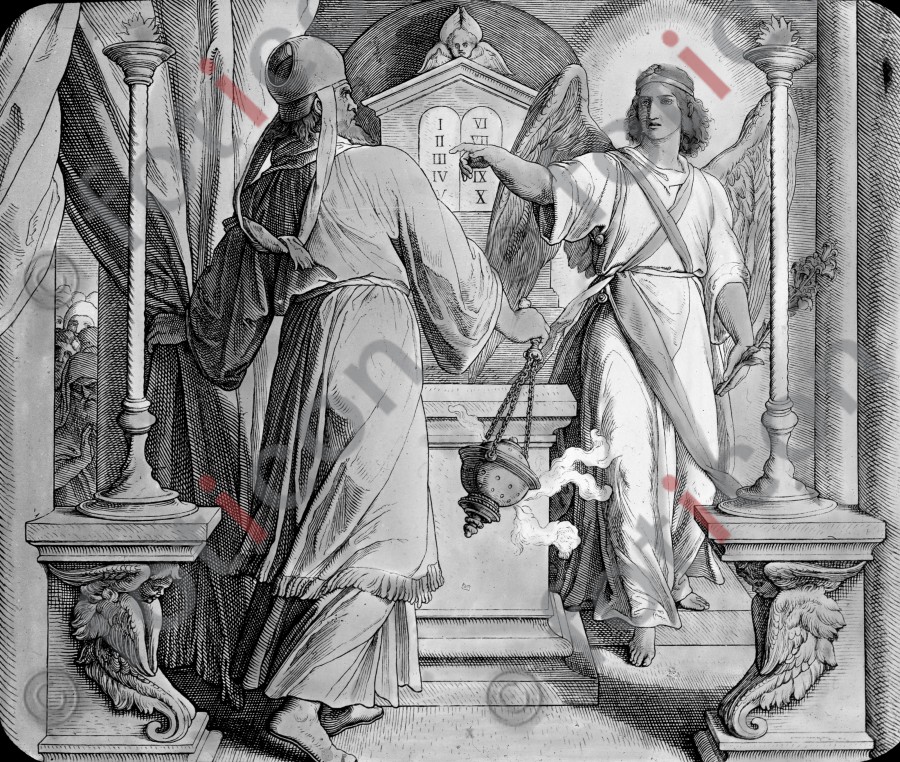 Der Engel Gabriel verkündet Zacharias die Geburt des Johannes | The angel Gabriel announced Zachariah the birth of John the Baptist (simon-101-004-sw.jpg)